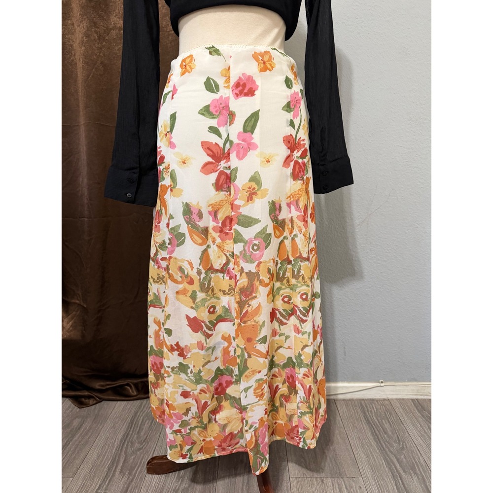 Cottagecore Floral Maxi Skirt Size 18 38W White Orange High Waist Lined A-Line - Picture 11 of 12